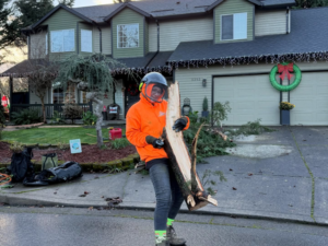 A tree service worker in safety gear clearing tree debris from a driveway for Legacy Tree Service in Hillsboro, OR.