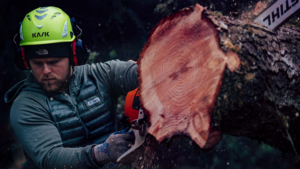 A tree service worker in safety gear cutting a log with a chainsaw for Arbor Vision Tree Service in Beaverton, OR.