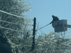 A Toten Tree Service worker trimming icy tree branches near power lines from a bucket truck in Greenville, MS.