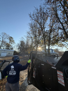 A GVM Tree Service worker in safety gear standing by a wood chipper on a job site in Raleigh, NC.