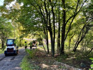 Tree service workers clearing branches and debris from a roadside with a mini loader and chipper at Teacher's Tree Service in South Burlington, VT.