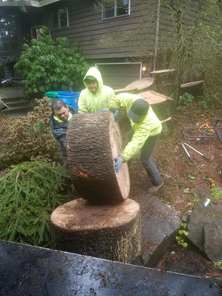 Tree service workers carefully moving a large section of a cut log at a job site for El negociante in Everett, WA