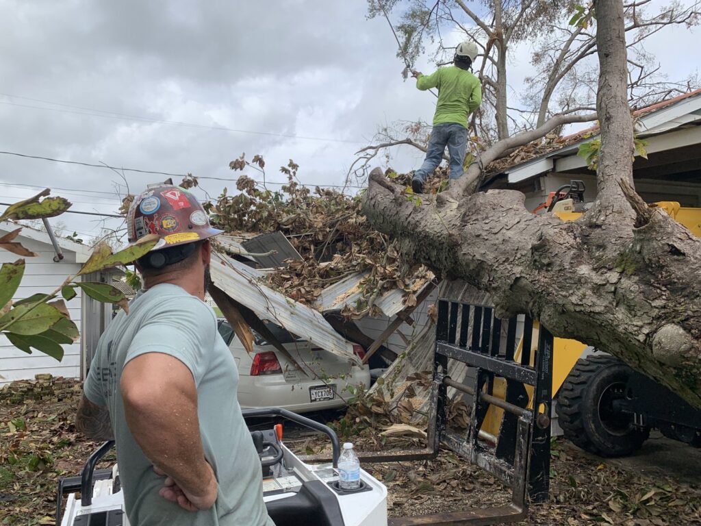 Tree service workers performing storm cleanup and tree removal with a skid steer near a damaged house for Tri-County Tree And Restoration in Jackson, MS.