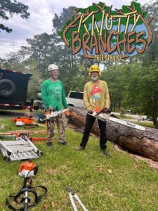 Two tree service workers with chainsaws standing next to a large fallen tree trunk and equipment from Knotty Branches Tree Service in Macon, GA.