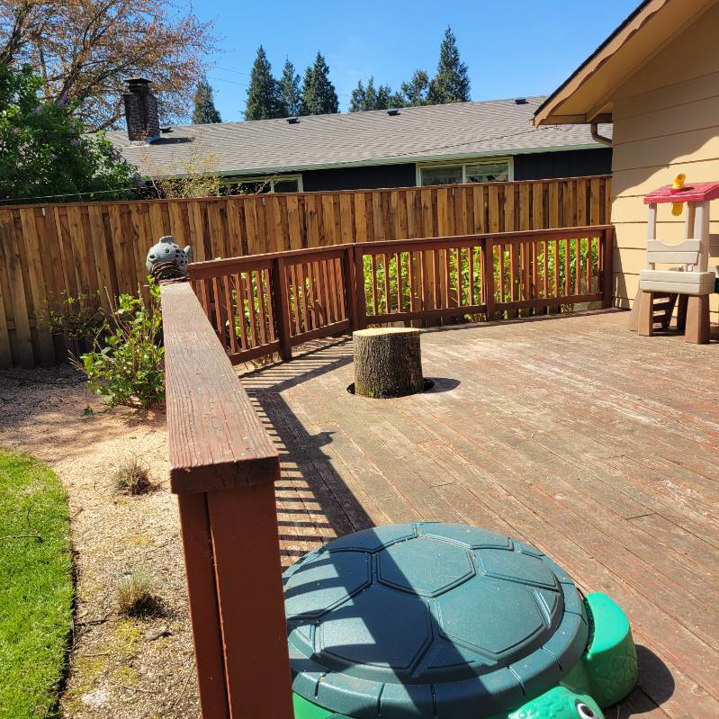 A tree stump remaining on a wooden deck after tree removal service by Shaeffer Tree Solutions LLC in Eugene, OR.