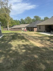 A large tree stump and felled trunk with a chainsaw on the ground after tree removal by A New Image Property Maintenance in Olive Branch, MS.