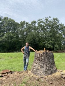 A tree service professional standing next to a large tree stump, indicating successful tree removal by Sunny Meadows Land and Tree LLC in Birmingham, AL