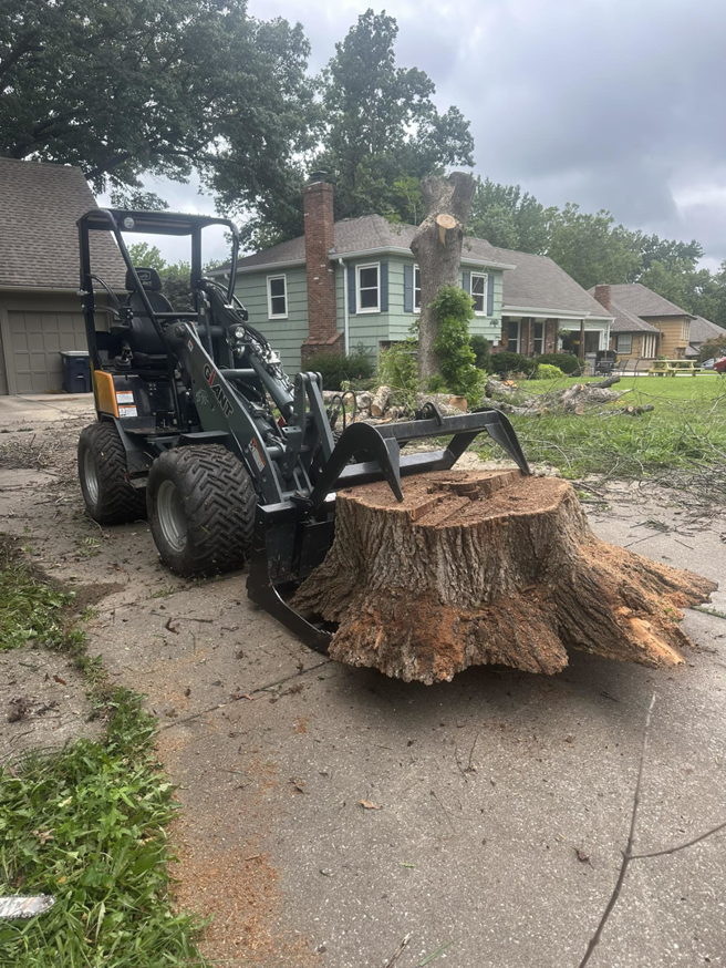 A compact utility loader with a grapple attachment removing a large tree stump on a driveway by Moore's Affordable Tree Trimming And Removal in Kansas City, MO.