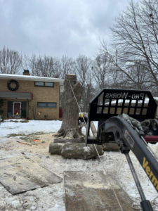 Tree stump removal in progress with specialized equipment by Valera Tree Services in Benton Harbor, MI.