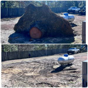 Before and after of a tree stump removal project with heavy equipment by Robert & Sons Tree Service in Augusta, GA