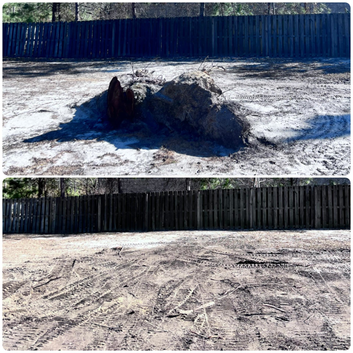 Before and after of a large tree stump and root ball removal by Robert & Sons Tree Service in Augusta, GA