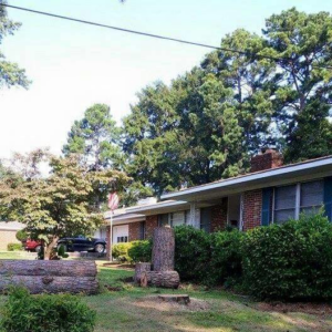 Tree stumps and cut logs in a residential yard after tree removal by J.W. Tree Service in Montgomery, AL