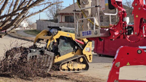 A tree service worker trimming a tree while a skid steer removes debris for Braik's Tree Care in Columbia, MO.