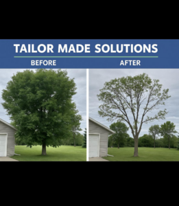 A before and after comparison showing a large tree expertly trimmed by TMS Tailor Made Solutions in Crosby, ND.