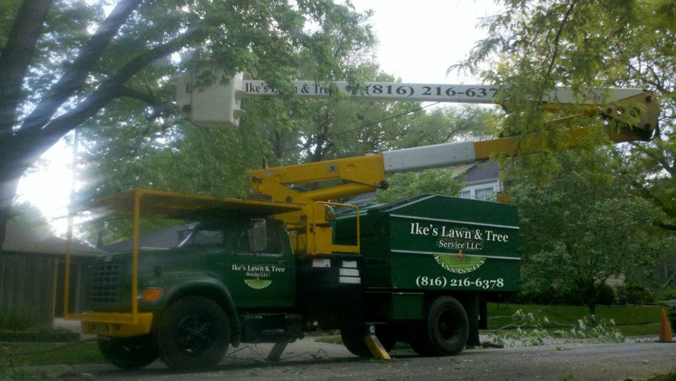A tree trimming bucket truck from Ike's Lawn & Tree Service working on a tree in Zephyrhills, FL.