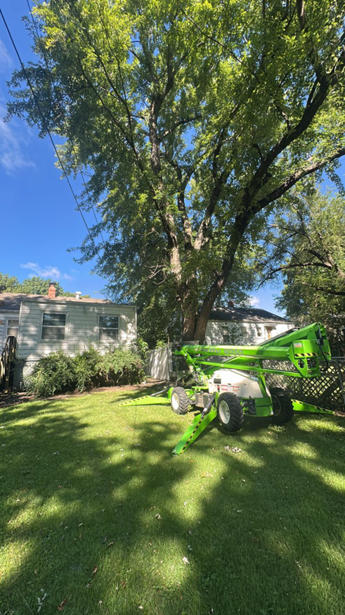 A green tree trimming lift positioned in a residential backyard for tree service by Moore's Affordable Tree Trimming And Removal in Kansas City, MO.