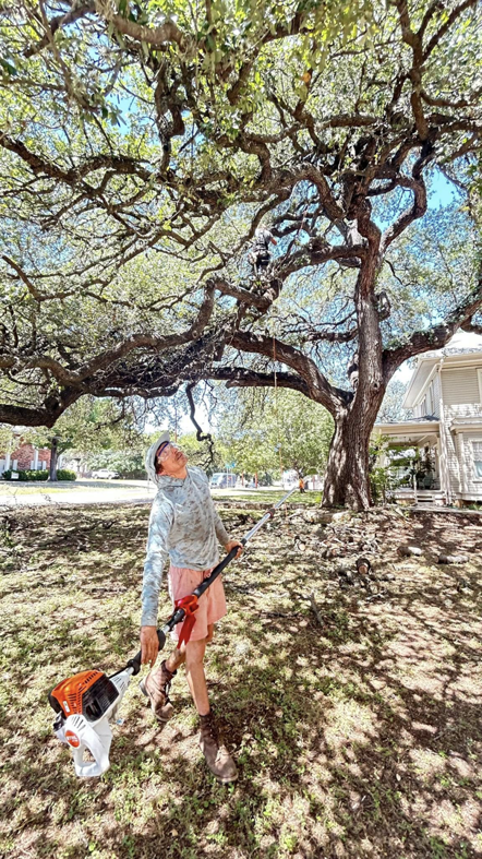 A tree service professional using a pole saw to trim branches for Makeover Tree Care in Austin, TX.