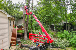 A tree service worker trimming a tree with a spider lift next to a residential house for Braik's Tree Care in Columbia, MO.