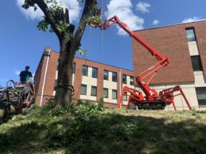 A red spider lift used for tree trimming with a wood chipper in the background by Top Notch Tree Care in Holt, MI.