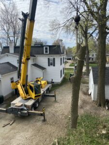 A crane carefully lifting a large tree trunk section during a tree removal project by Skyline Tree Service and Landscaping Inc. in Saint Charles, IL.