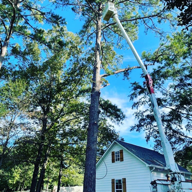 A bucket truck performing tree work near a residential home by Emerald Tree Services in Alabaster, AL