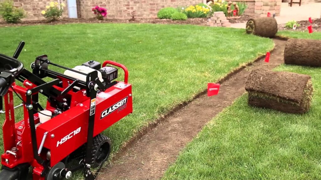 A trenching machine preparing a lawn for sod installation, a service by Chicago Service Source Inc in Chicago, IL