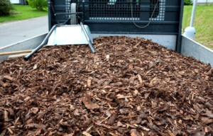 A truck bed filled with fresh wood chips and mulch, ready for delivery or disposal by Big Island Tree Service in Keaau, HI