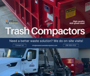 A Women Owned Dumpsters truck delivering a high-quality trash compactor in Lees Summit, MO, for commercial waste solutions.