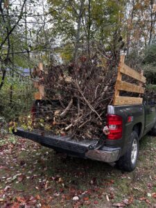 A Just Junk It truck in Lancaster, PA, loaded with branches and yard waste for removal from a property.