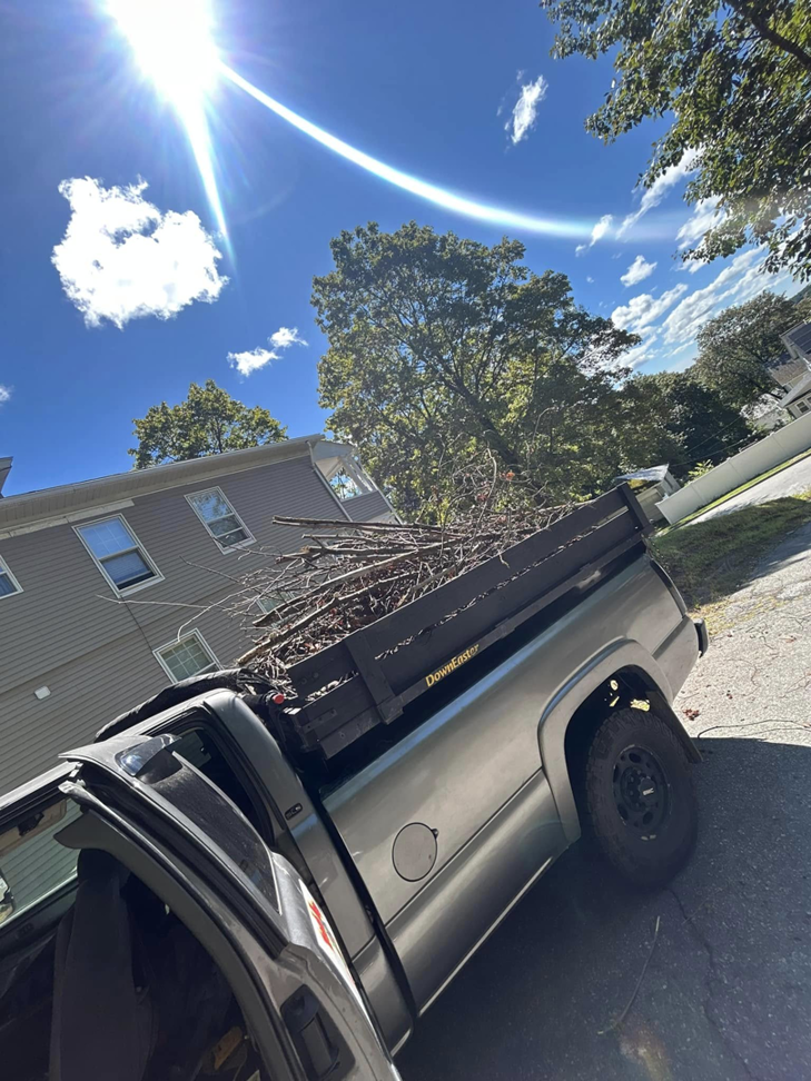 A pickup truck with a dump bed filled with tree branches and yard waste, ready for removal by Trash Hogs in Worcester, MA.