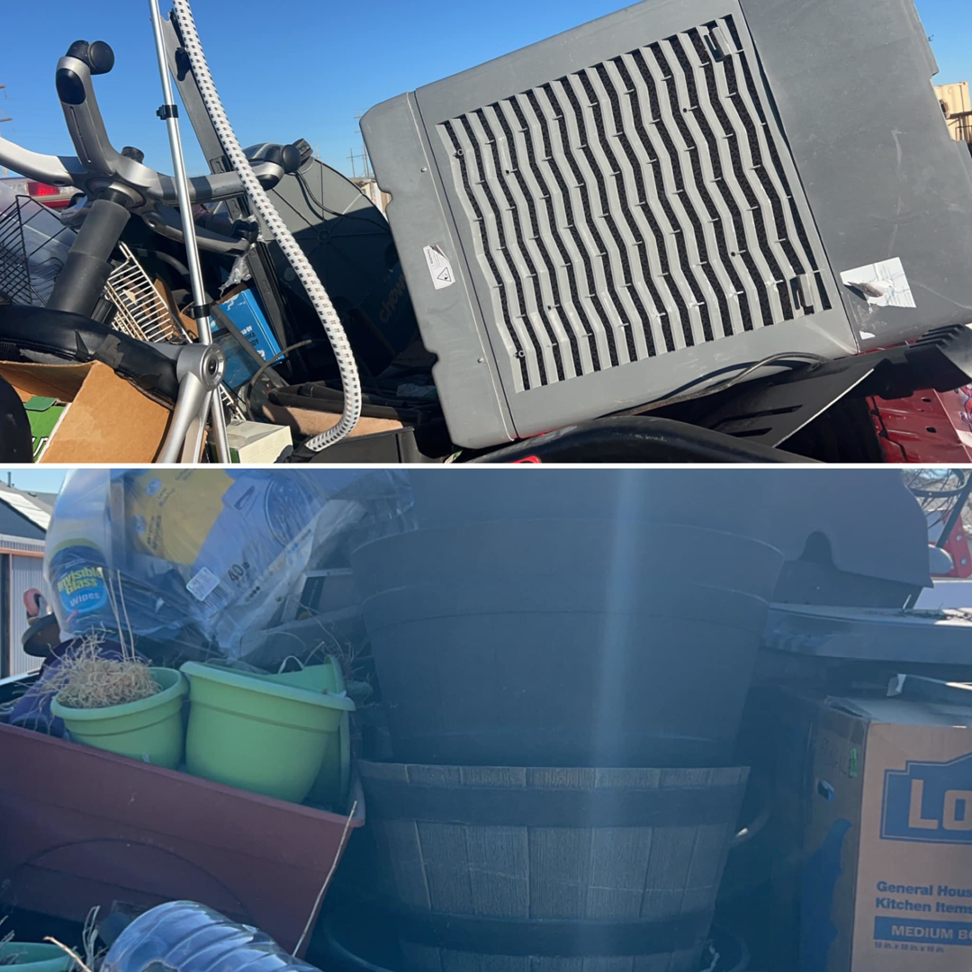 A truck or trailer loaded with large items like an old air conditioner and various household junk ready for disposal by 575 Junk Removal in Clovis, NM.