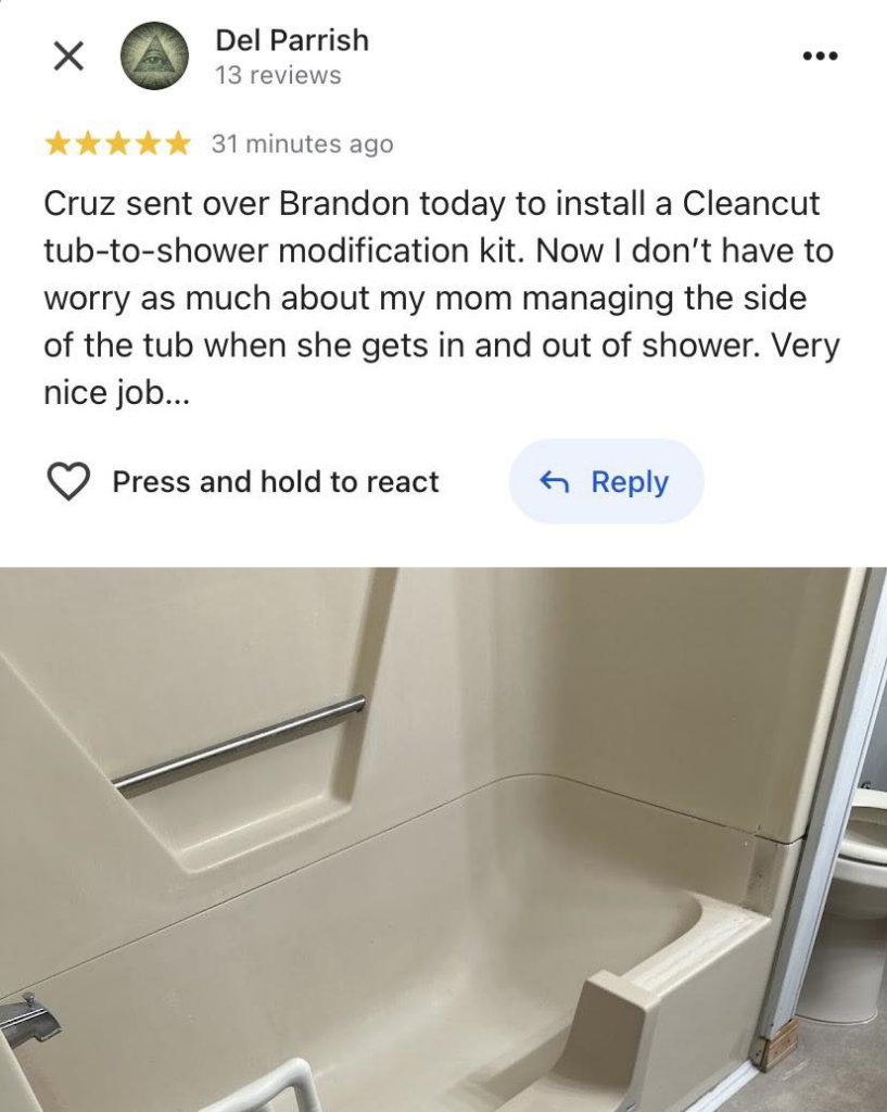 A newly installed Cleancut tub-to-shower modification kit, providing easier access, completed by Tupelo Handyman in Tupelo, MS.