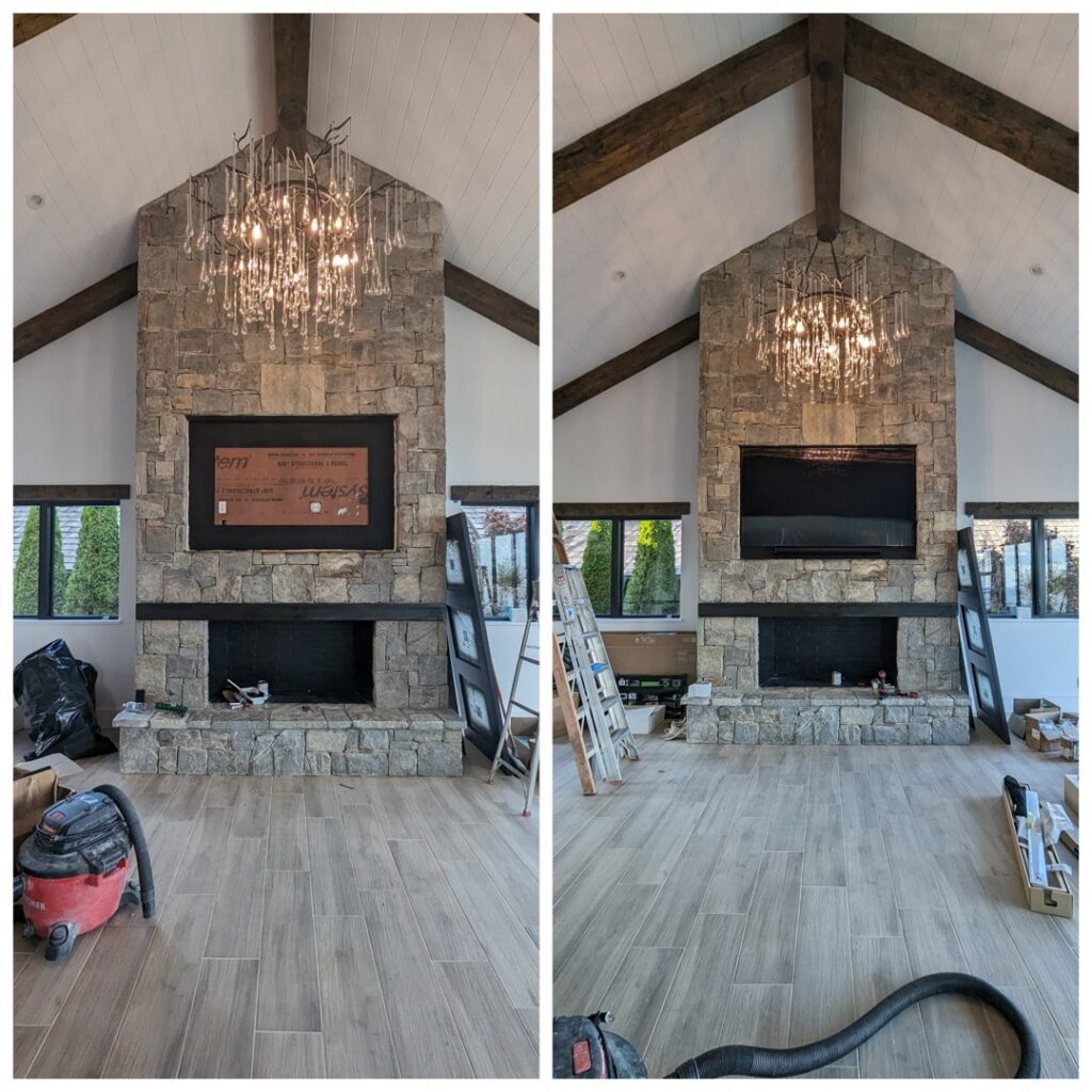 Before and after of a living room showing TV mounting and chandelier installation over a fireplace by WX2 Tech in Asheville, NC.