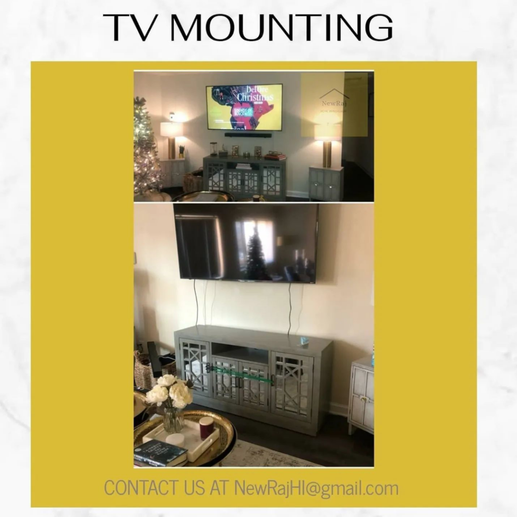A television professionally mounted on a wall, showcasing TV mounting service by NewRaj Home Improvement in Alexandria, VA.