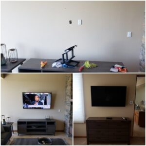 Before and after of a TV wall mount installation by Priority One Home Repair LLC in Glendale, AZ