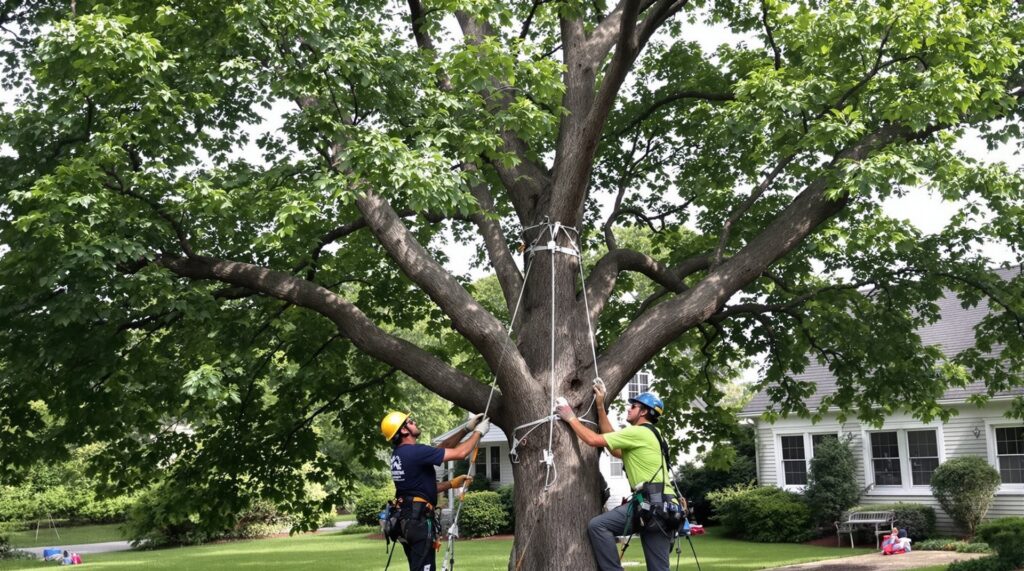 Two arborists working on a large tree with ropes and harnesses, providing tree service by JTE & Company in Oxford, MA.