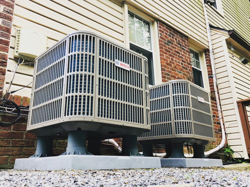 Two Bosch outdoor air conditioning units installed at a home by Cold Comfort HVAC Services, LLC in Rockville, MD.