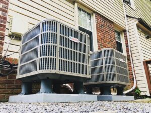 Two Bosch outdoor air conditioning units installed at a home by Cold Comfort HVAC Services, LLC in Rockville, MD.