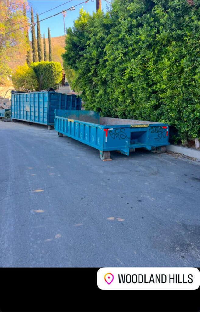 Two Quality Bin Inc. dumpsters placed on a residential street in Woodland Hills, Los Angeles, CA.