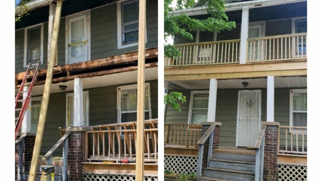Before and after of a two-story porch and deck renovation by Indoor/Outdoor Home Repairs in Parma, OH.