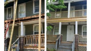 Before and after of a two-story porch and deck renovation by Indoor/Outdoor Home Repairs in Parma, OH.