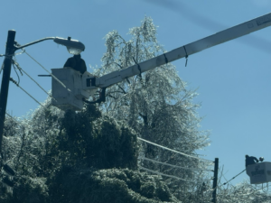 Two Toten Tree Service crews in bucket trucks working on ice-covered trees and power lines in Greenville, MS.