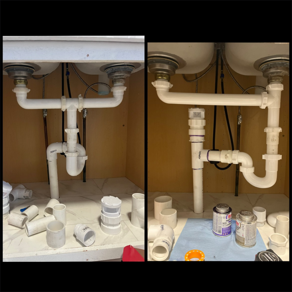 Before and after of an under-sink plumbing repair completed by Anderson Barlow Contractors LLC in Grand Rapids, MI.