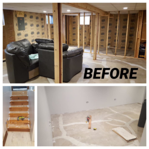 An unfinished basement with framing and stairs under construction by Peterson Home Improvement LLC in Highland, NY.