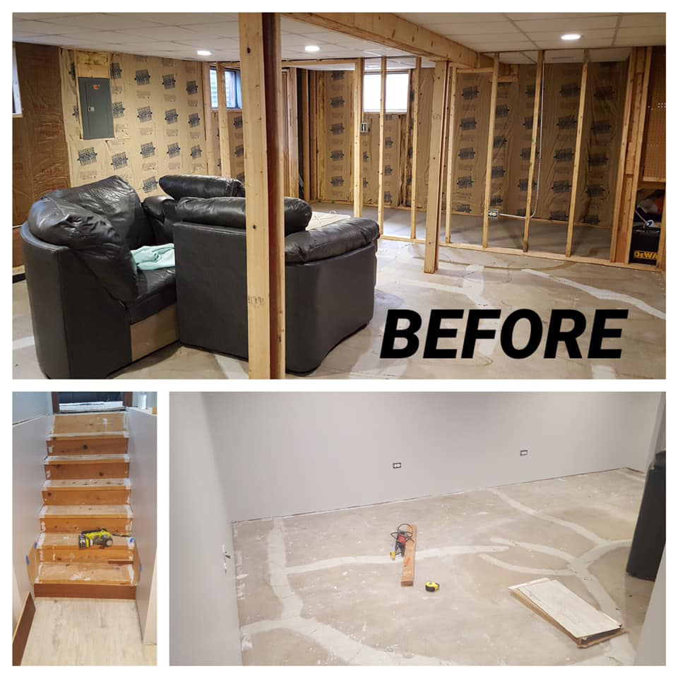 An unfinished basement with framing and stairs under construction by Peterson Home Improvement LLC in Highland, NY.