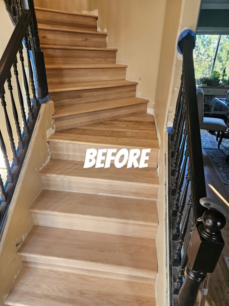 Unfinished wood stairs before a refinishing project by Quick Sand Flooring & Install LLC, a handyman service in Millcreek, UT.