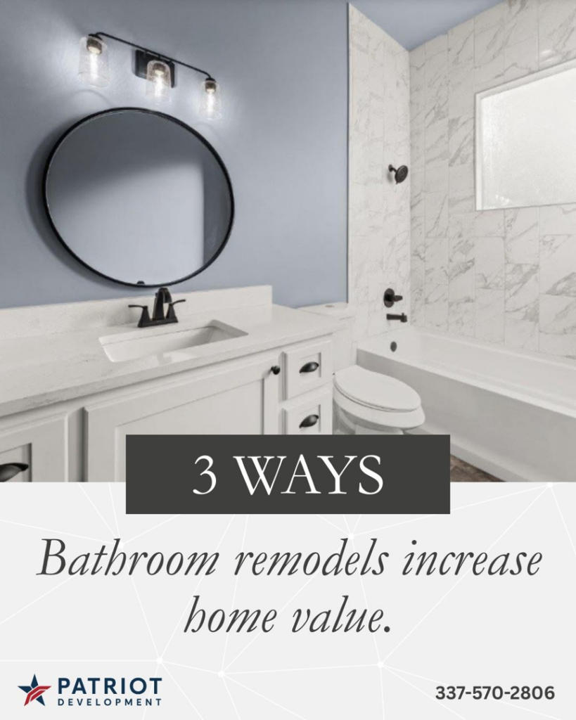 An updated bathroom featuring a new vanity, mirror, and tub installed by Patriot Development in Denton, TX.