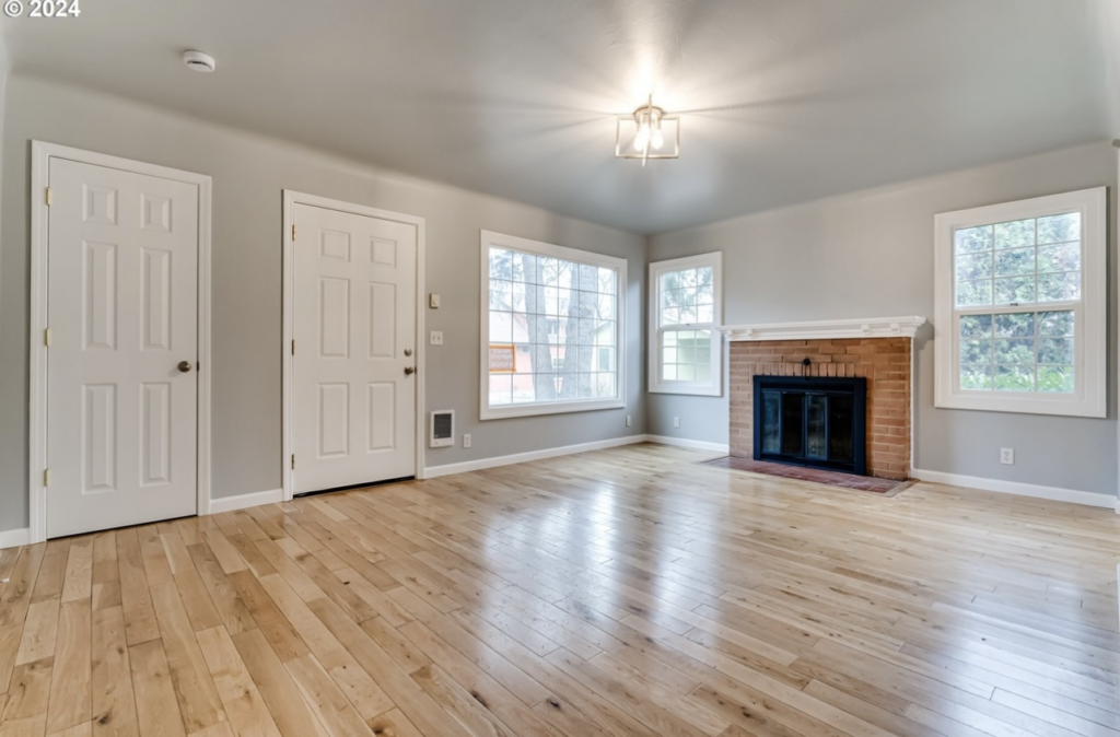 An updated living room with new hardwood floors and a fireplace by Green Peaks Painting and Remodeling in Elmira, OR