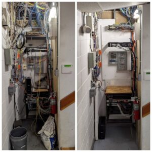 Before and after of a utility closet showcasing expert cable management by WX2 Tech in Asheville, NC.