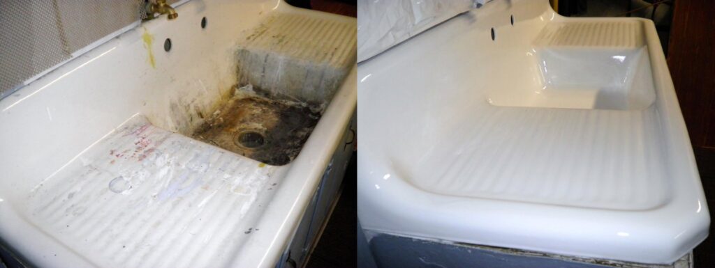 Before and after of a utility sink refinishing by Bath Refinishing Solutions Dayton in Dayton, OH